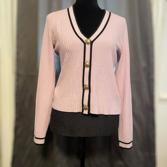 Express Pink Ribbed V-Neck Cardigan Black Trim Gold Buttons Classic Elegant Med - Picture 2 of 13